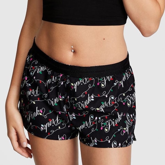 PINK Victoria's Secret Other - Victoria's Secret PINK Flannel Boxy Pajama Shorts Black Holiday Logo Lights S